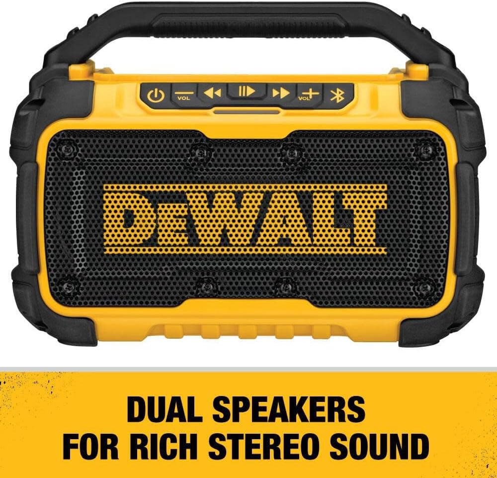 DEWALT 20V MAX Bluetooth Speaker, 100 ft Range, Durable for Jobsites, Phone Holder Included, Lasts 8-10 Hours with Single Charge (DCR010), Black Yellow