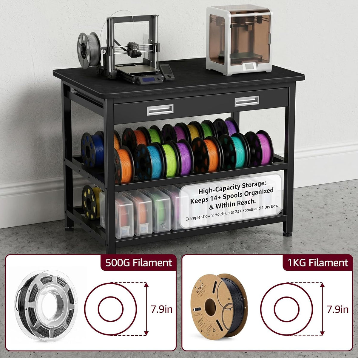 3D Printer Stand with Filament Storage - Heavy Duty 3D Printer Table with Metal Drawer, 36 inch 3 Tier Metal 3 D Printing Desk for 3 D Printers, Black