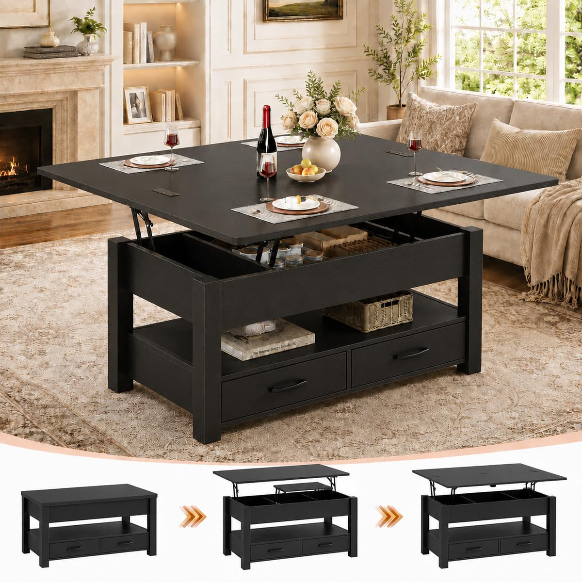 40" Lift Top Coffee Table, 4 in 1 Square Coffee Table with Storage Shelf & 2 Drawers, Modern Coffee Tables with Lift Tabletop, Converts to Dining Table for Living Room, Home Office
