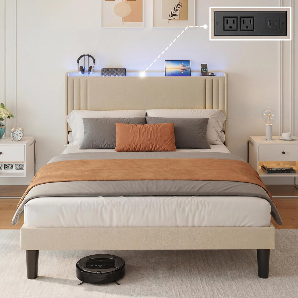 Gizoon Queen Bed Frame with Wingback Headboard, Upholstered Platform Bed
