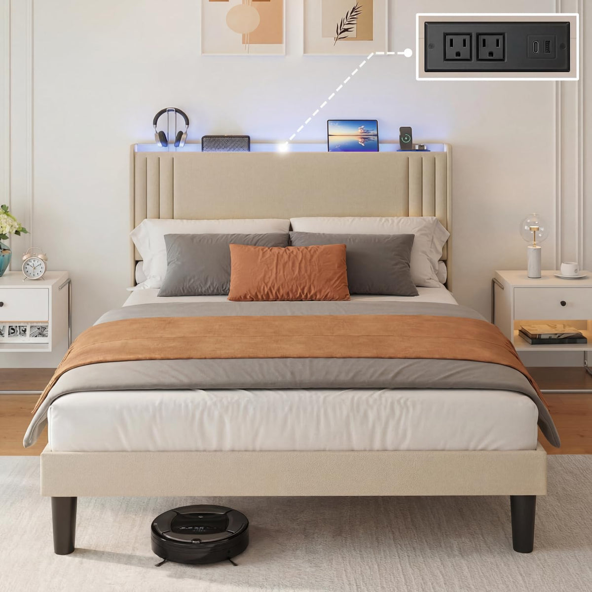 Gizoon Queen Bed Frame with Wingback Headboard, Upholstered Platform Bed