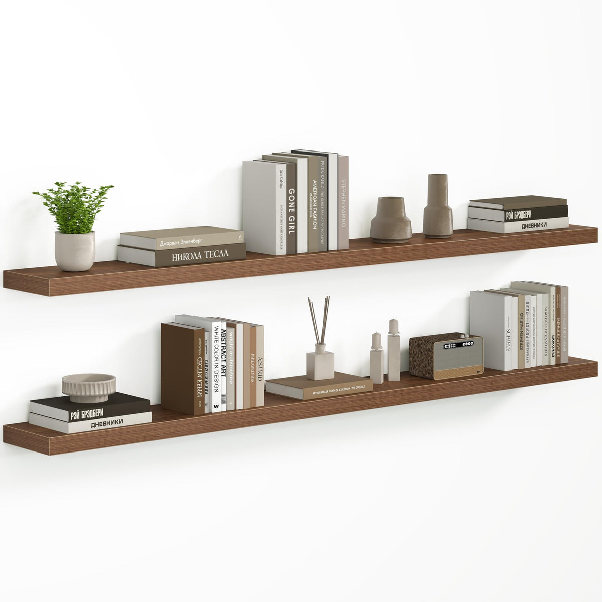 Fun Memories Floating Shelves - 2 Pack 12 Inch Rustic Wooden Wall Shelves - Extra Deeper & Thicker Wall Mounted Storage Shelf for Living Room, Kitchen, Farmhouse - 36" W x 12" D x 1.8" H - Brown