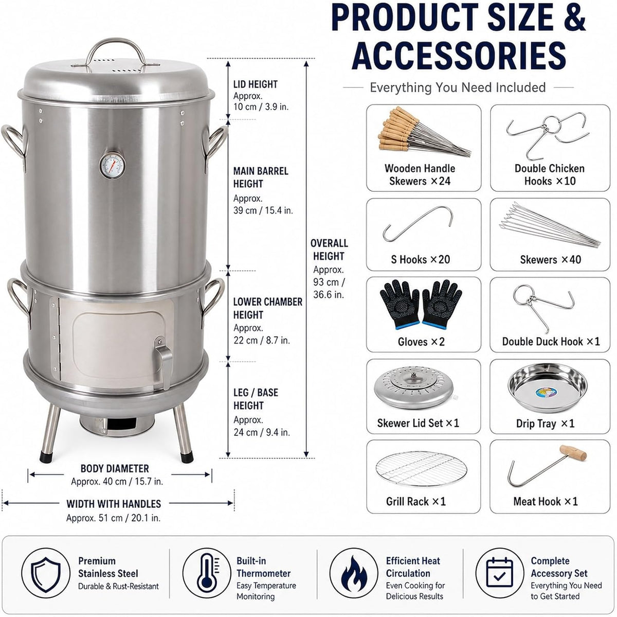 Vertical Smoker Grill Combo 36.6in Stainless Steel Charcoal Meat Smoker with Built-in Thermometer Full Accessories for Outdoor BBQ Camping