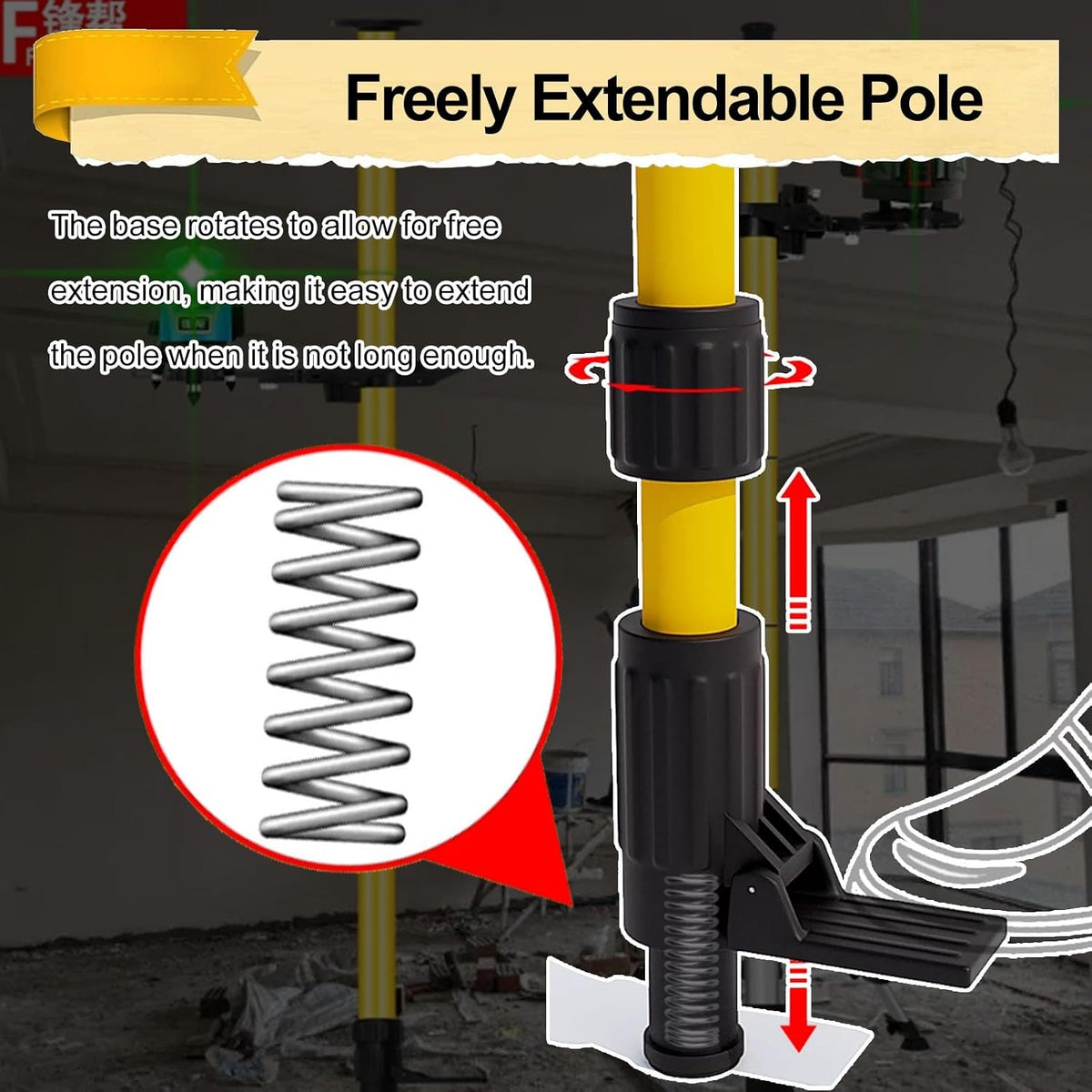SRNSAEB Heavy Duty Laser Level Pole Mounting Bracket, 7.8' - 19.6' Stretchable Leveling Laser Tripod Stand, Floor to Ceiling Spirit Level Poles with Fine-Tuning Pan-tilt(3.0m/9.8ft)