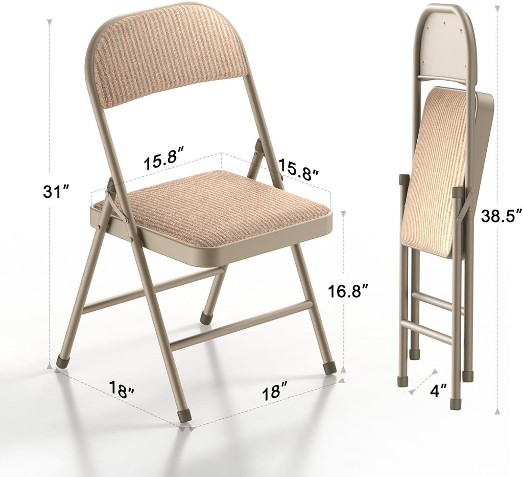 Nazhura 4 Pack Folding Chairs, Fabric Dining Chair Set with Padded Cushion and Back, Indoor Outdoo Seat for Home Office Events Wedding Party (Oatmeal Strip Fabric Seating)
