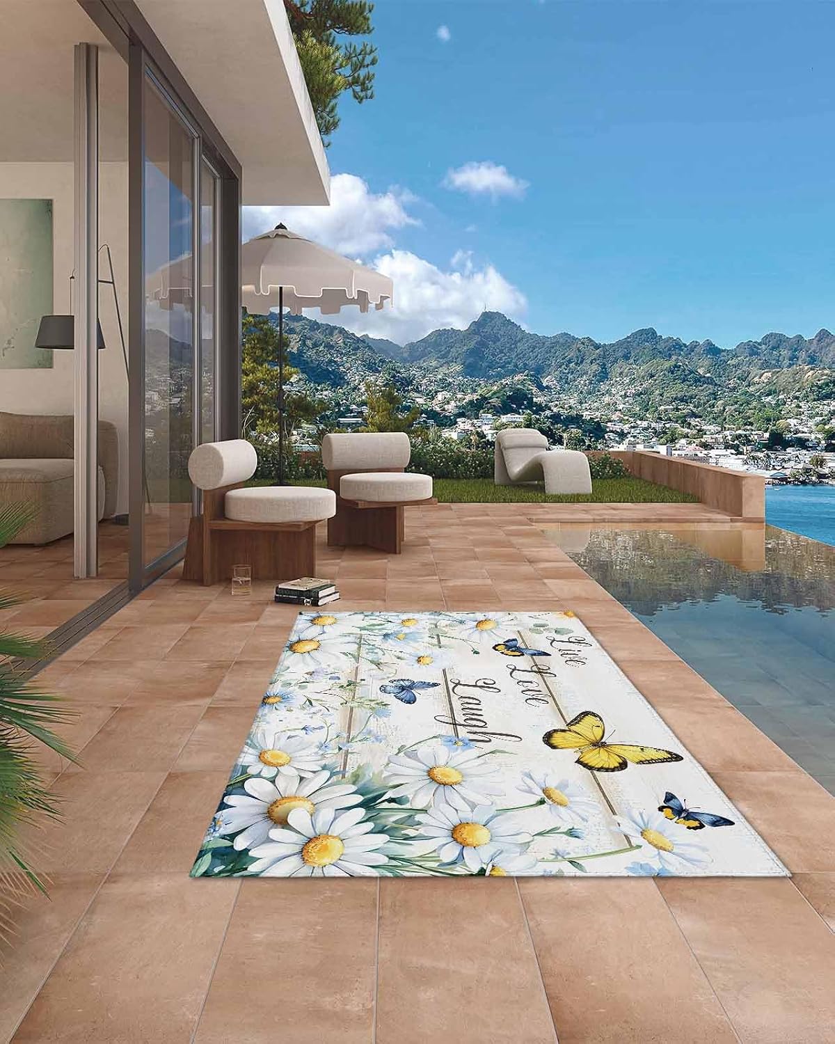 Summer Daisy Butterfly Outdoor Rug 5x8ft, Waterproof Indoor Outdoor Rug for Patio, Farmhouse Flowers Wooden Camping Carpet Mat Outside Area Rug for RV Picnic Beach Balcony Deck Backyard