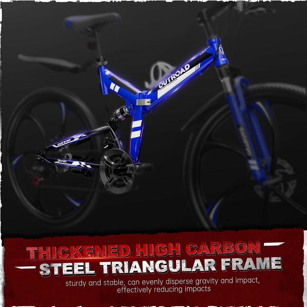 Bonusall 26 Inch Folding Mountain Bike, 21-Speed Full Suspension Foldable Bicycle for Adults, High-Carbon Steel Portable MTB with Dual Disc Brakes, Non-Slip Commuter Bike for Men & Women
