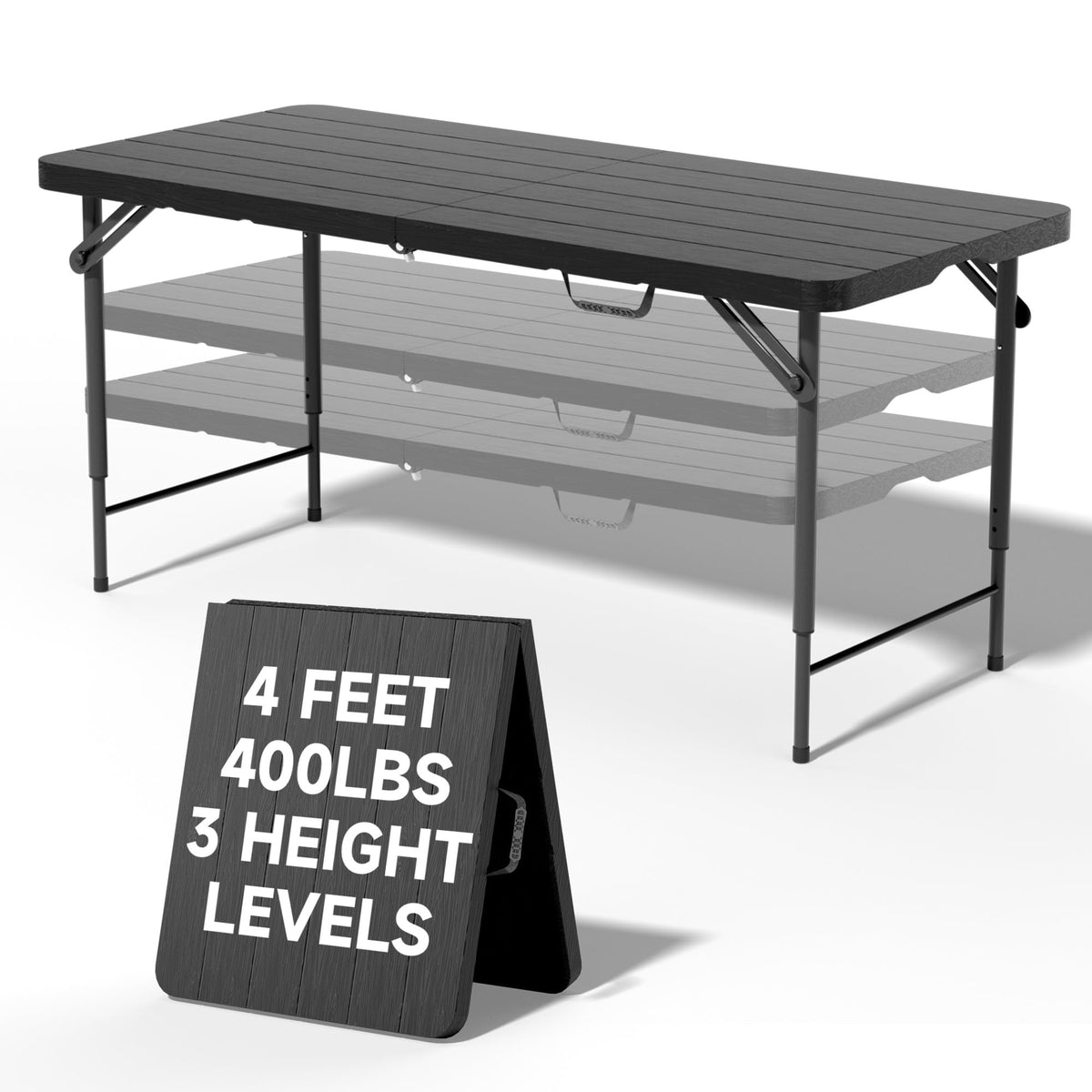 4 FT Folding Table, 3-Position Adjustable Height, Heavy Duty 400 lbs Capacity, Portable Table for Camping, Party, Indoor & Outdoor (Black Wood Grain, 2 Pack)