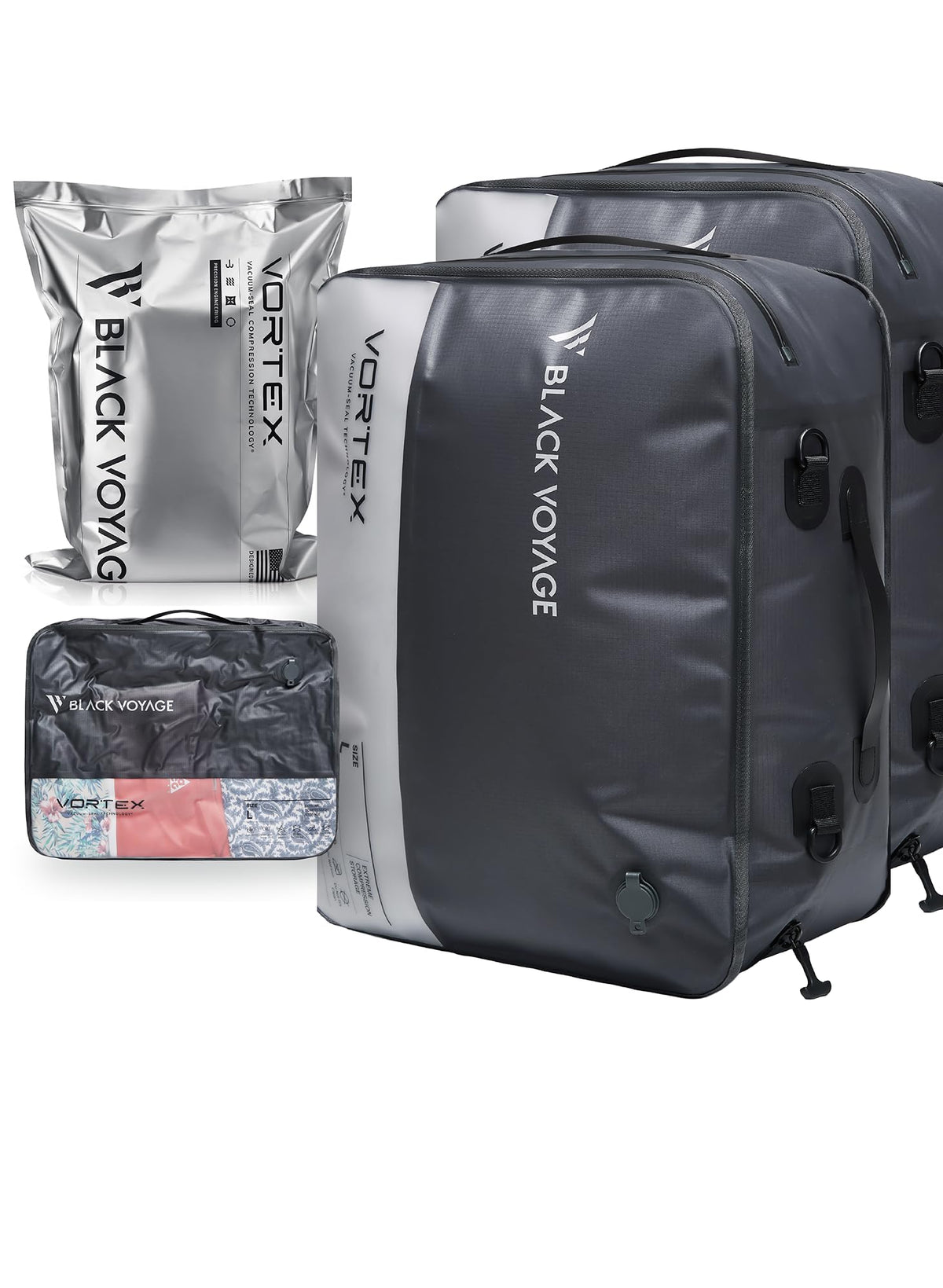 Black Voyage Reusable Vacuum Compression Travel Bag for Carry-On Suitcase and Backpack, Recycled IPX8 Waterproof Space Saver Vacpack (2-Pack, 41L - No Pump)