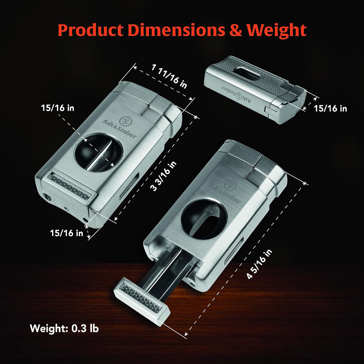 “Spirit“ Cigar Lighter with V-Cutter – Triple Jet Flame Butane Refillable Torch Lighter with Cigar Rest, Windproof, Transparent Fuel Window, Ergonomic Grip, Premium Gift Box for Men – Ash & Ember