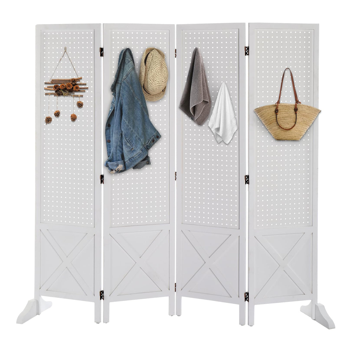 VINGLI Freestanding Pegboard with Support Feet, 5 FT Wood Room Divider Display Board Organizer, Folding Privacy Screen Partition Space Separator for Craft Shows Events Retail (White, 4 Panel)