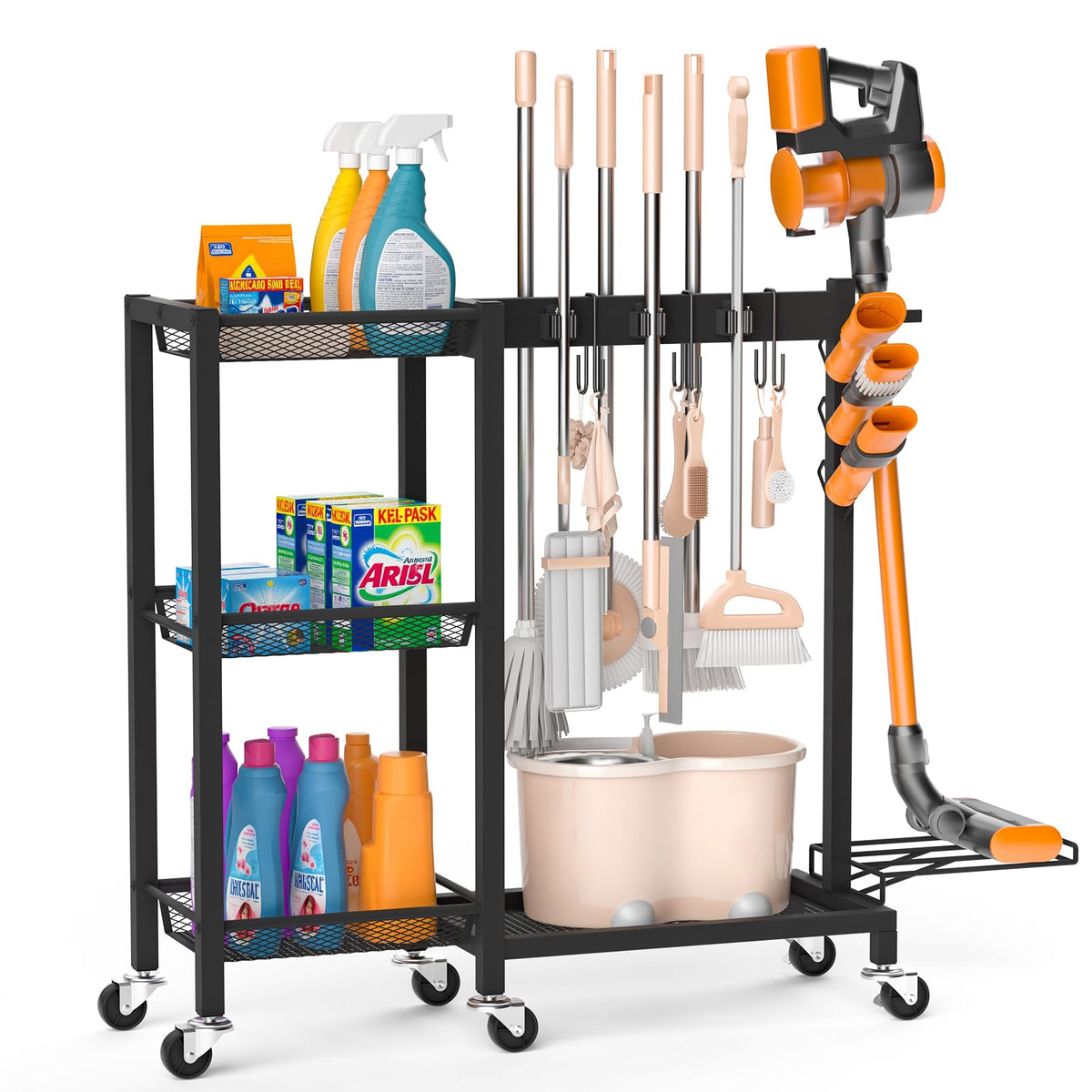 Broom Holder with Cleaning Supplies Organizer, 30.7"Wx11.8"Dx34.6"H