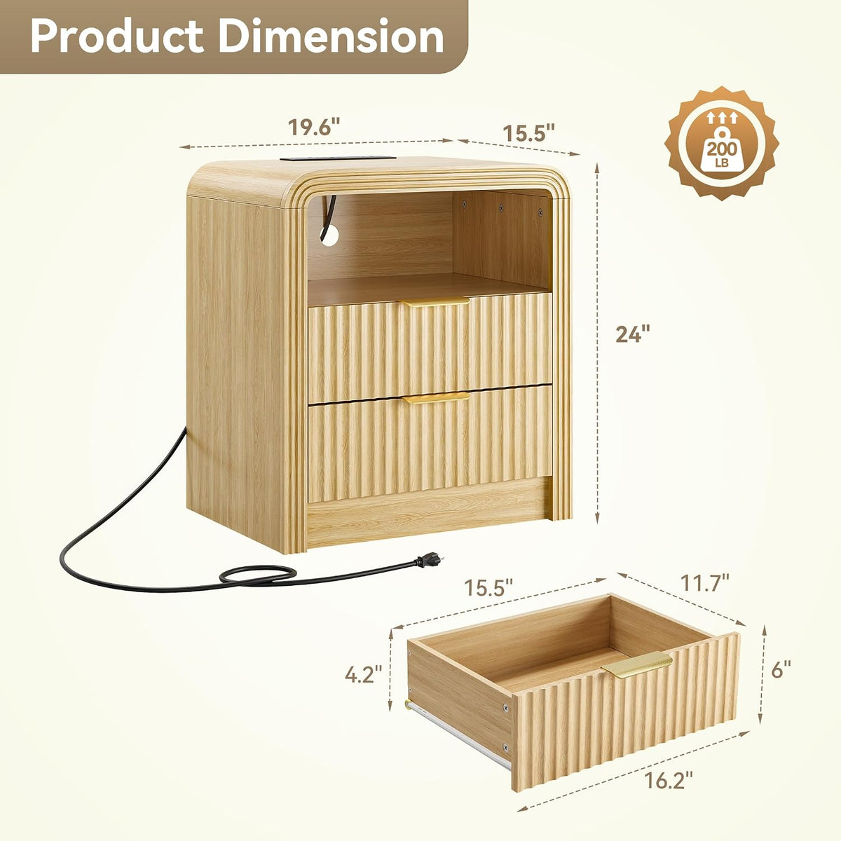 Decofy Fluted Nightstand Set of 2 with Charging Station, 2 Drawers, Oak