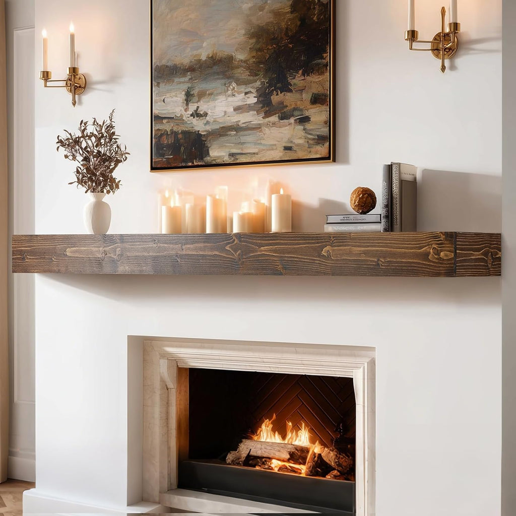 60x8x3in Rustic Fireplace Mantel Pine Wood, Weathered Brown