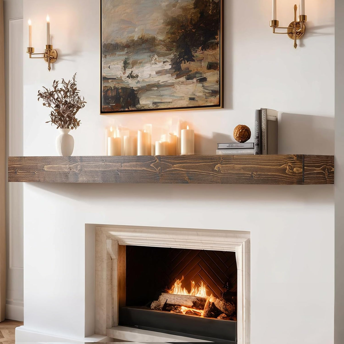 60x8x3in Rustic Fireplace Mantel Pine Wood, Weathered Brown