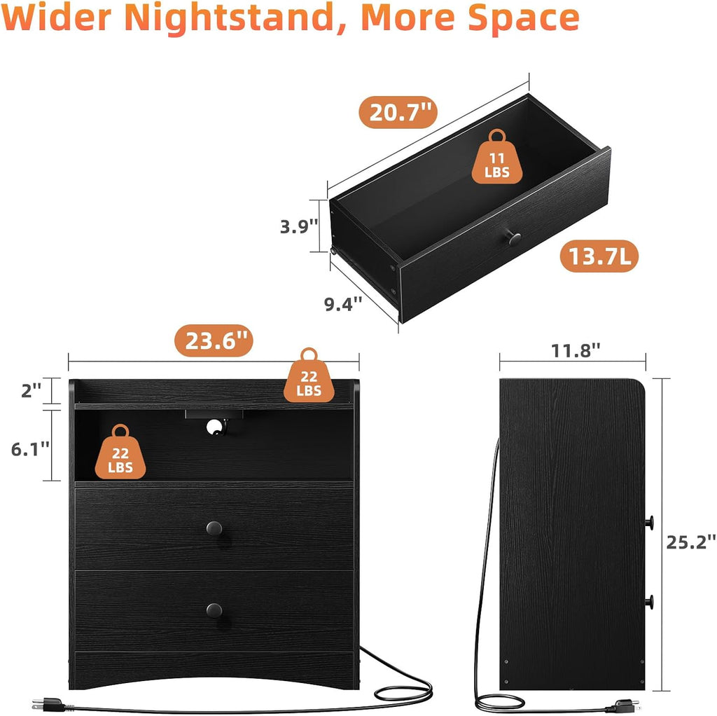 Memobarco Nightstand with Charging Station and LED Light, Black