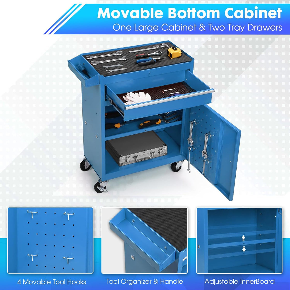 5-Drawer Rolling Tool Chest with Detachable Tool Box, Lockable Wheels, 4 Hooks, and Liner, Heavy-Duty Metal Tool Cart for Garage and Workshop Storage, Blue