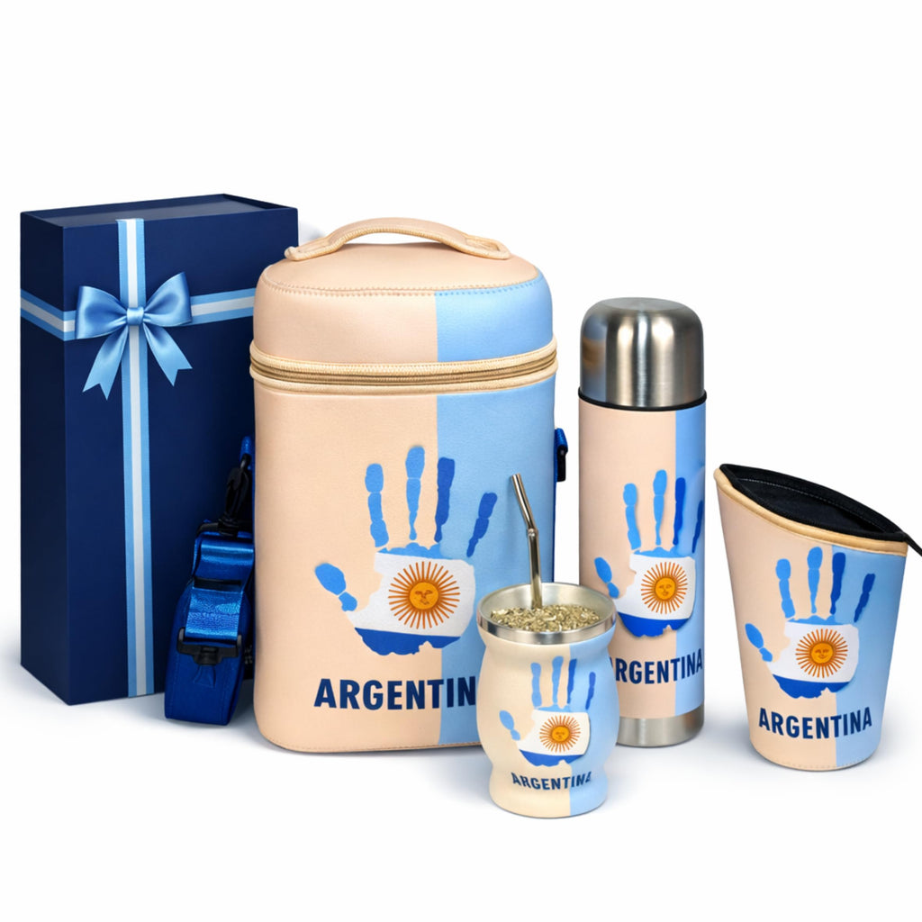 Argentine Yerba Mate Kit – Premium Stainless Steel Mate Cup & Bombilla Set with 750ml Vacuum Insulated Bottle, Yerba Container & Neoprene Bag – Authentic Argentine Design