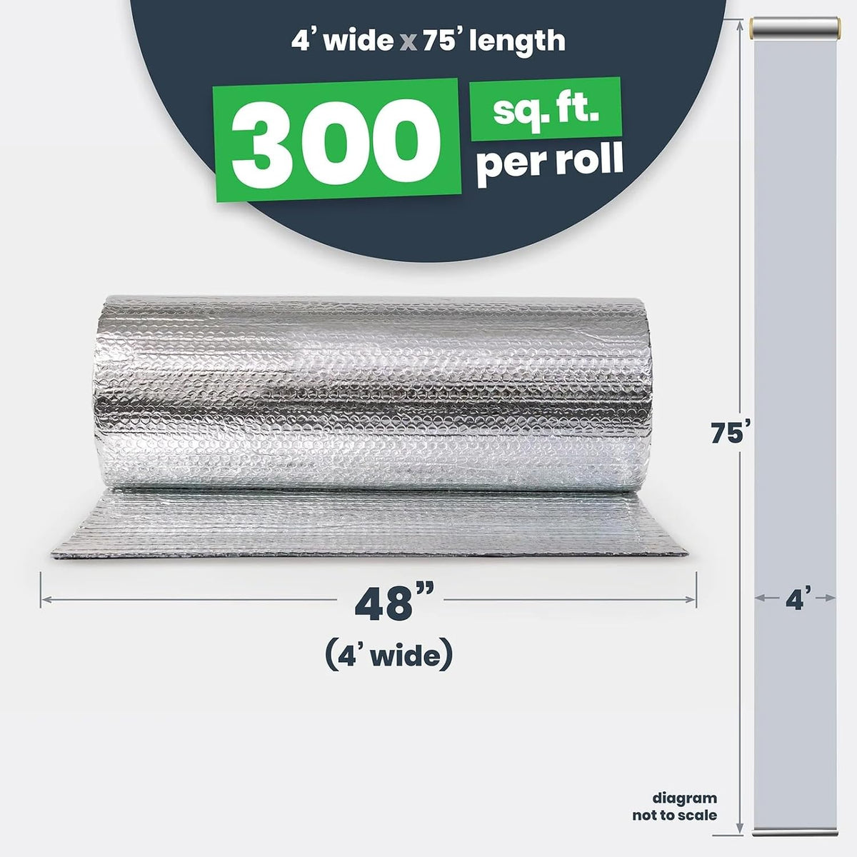EcoFoil Double Bubble Insulation Roll 48" x 75' (300 sq. ft.), 6.35mm Thick, Made-in-USA Double Bubble Reflective Foil Insulation Roll for Cold & Warm Climates, Radiant Barrier, Foil Color
