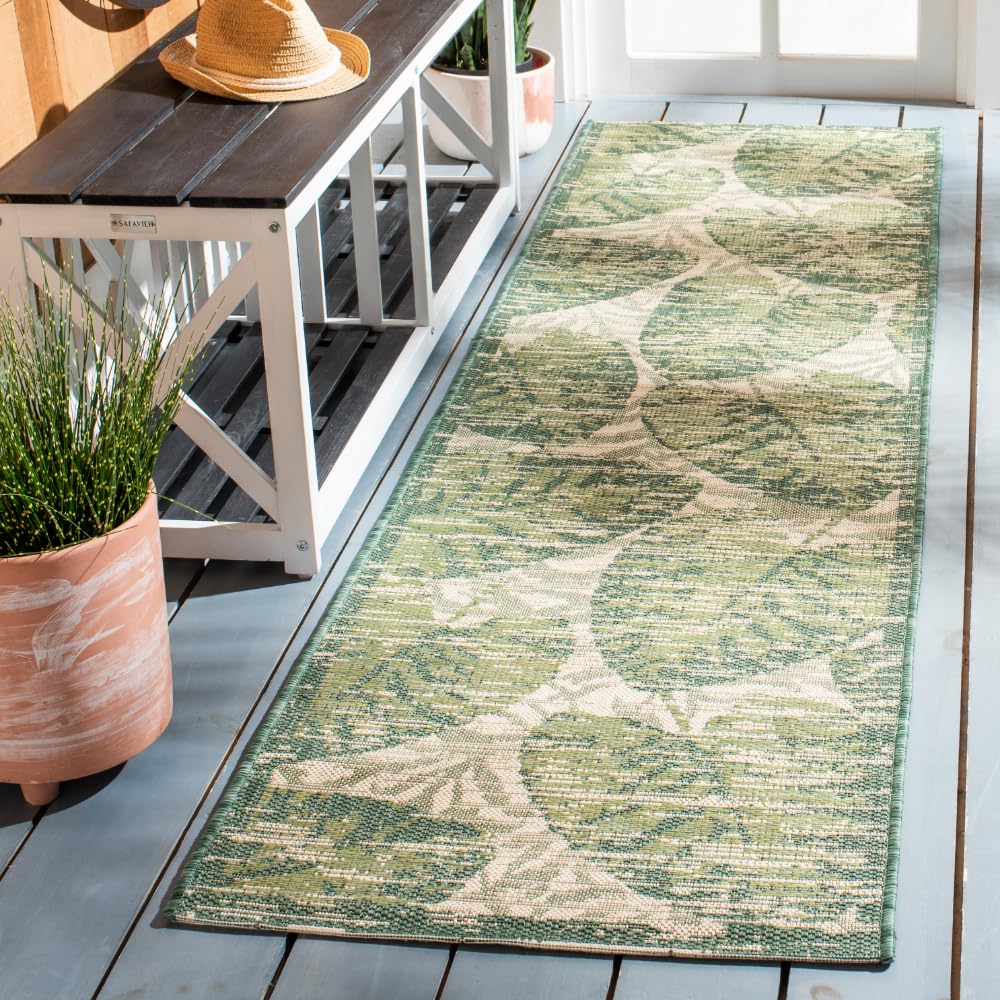 SAFAVIEH Washable Rug Outdoor Courtyard Collection - 6'7" Square, Green & Beige, Non-Shedding & Easy Cleaning, Ideal for Patio, Backyard, Mudroom (CY7556-21812)