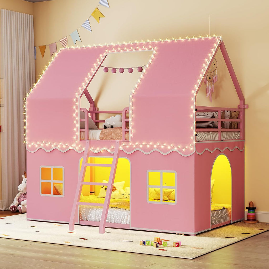 BTHFST Girls Bunk Bed Twin Over Twin, House Loft Bed with LED Lights