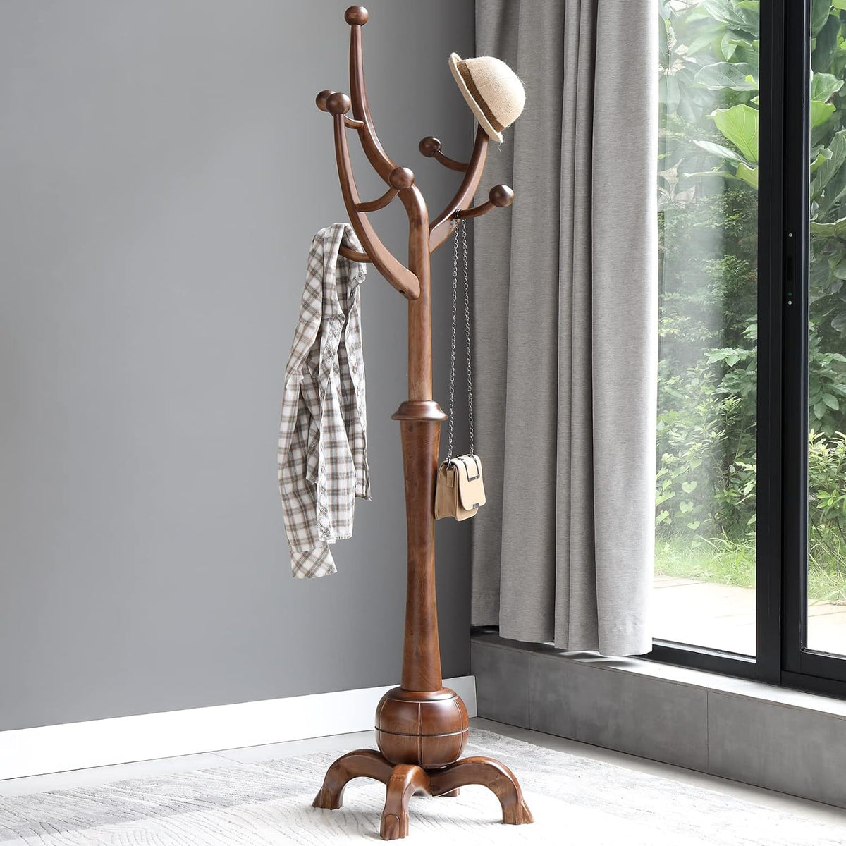 Bekrvio Coat Rack Freestanding Wood Coat Tree Rack with 8 Hooks, Walnut