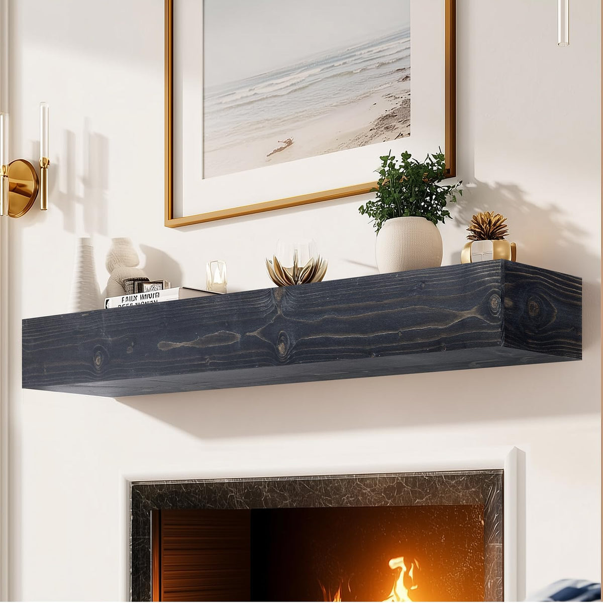 60x8x3in Rustic Fireplace Mantel Pine Wood, Weathered Brown