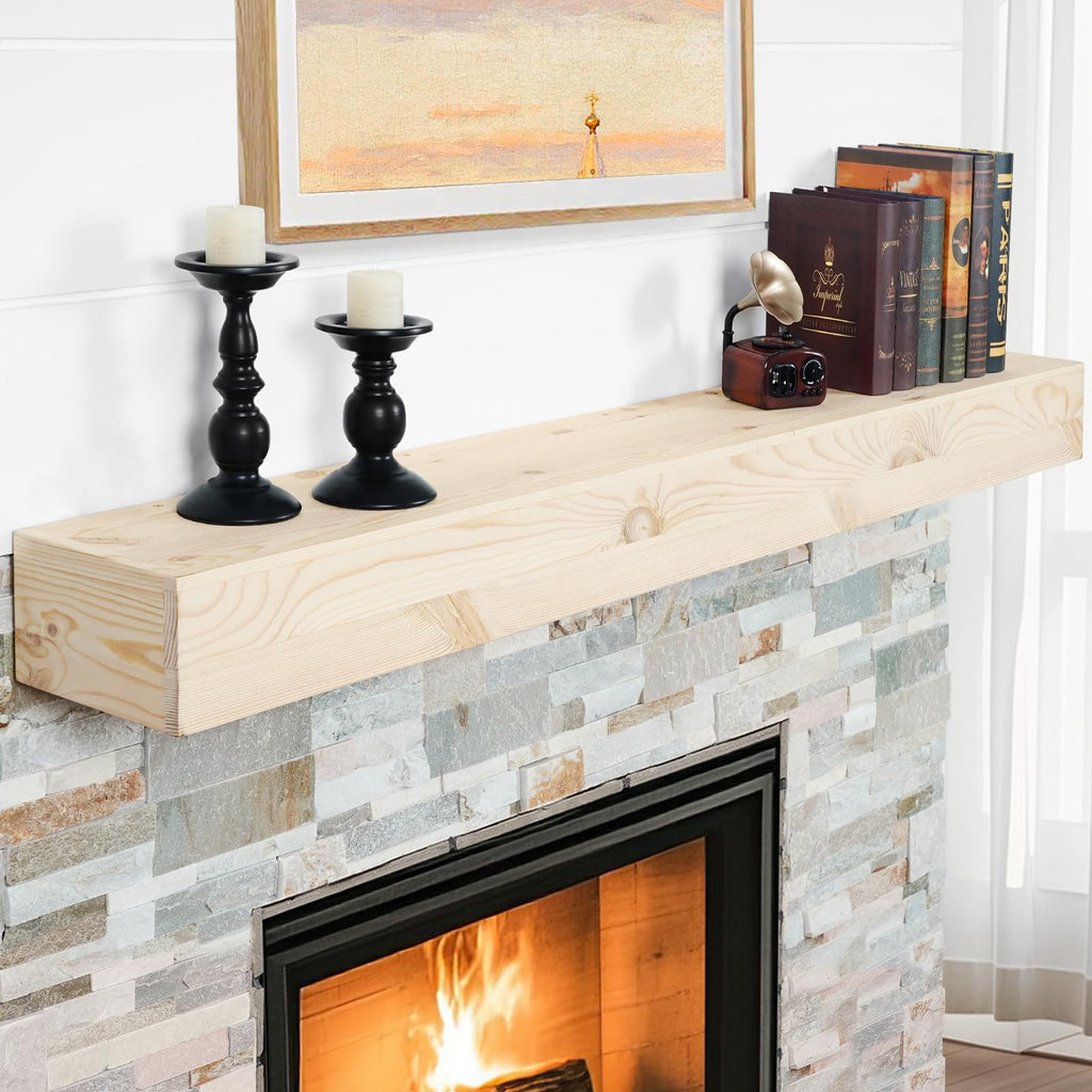 G GOOD GAIN 60'' Fireplace Mantel, 5'' Pine Wood Floating Shelf, DarkWalnut
