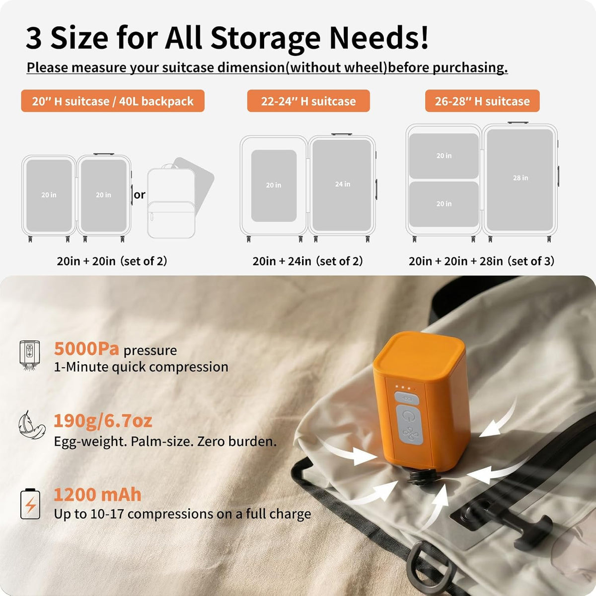 Vacuum Seal Bags for Travel with Pump, Light Grey, 20+20+28