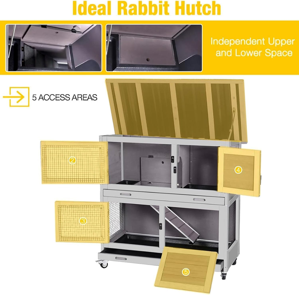 Aivituvin Rabbit Hutch Indoor Bunny Cage Outdoor 2 Story Pet House Guinea Pig Cage on Wheels 36" L