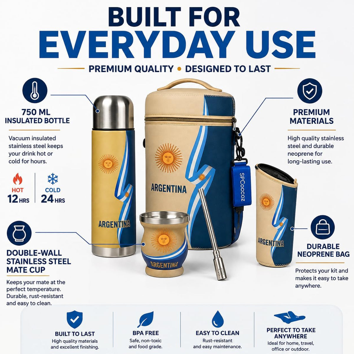 Argentine Yerba Mate Kit – Premium Stainless Steel Mate Cup & Bombilla Set with 750ml Vacuum Insulated Bottle, Yerba Container & Neoprene Bag – Authentic Argentine Design