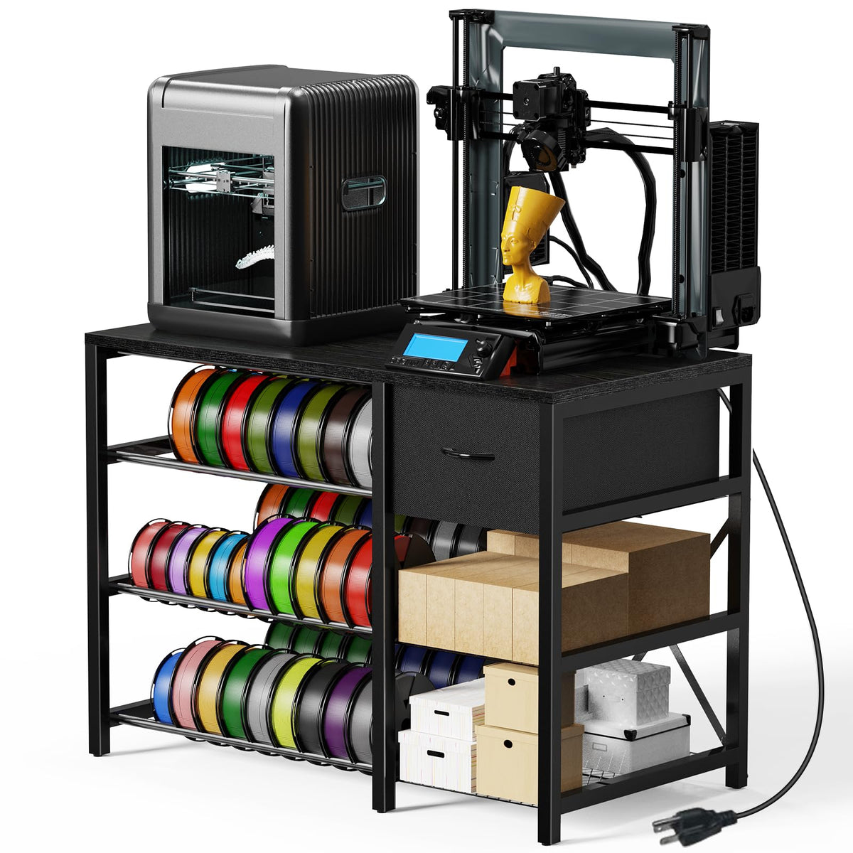 3D Printer Stand with Filament Storage Rack, Heavy Duty 3D Printer Table with Power Outlet, 4-Tier Filament Holder with Drawer, 3D Printer Filament Stand Organized for Office Workshop Studio
