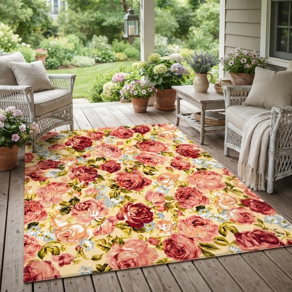 White Pink Beige Gentle Elegant Outdoor Floral Rugs 9x12 Contemporary Aesthetic Texture Thin Non Slip Durable Indoor Outside Carpets for Garden Backyard Balcony Patio Deck Veranda Deck Mats