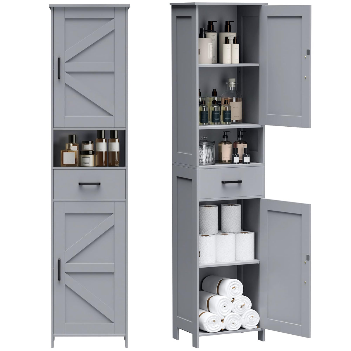 Homhedy 67" H Tall Bathroom Storage Cabinet with Barn Doors and Drawer