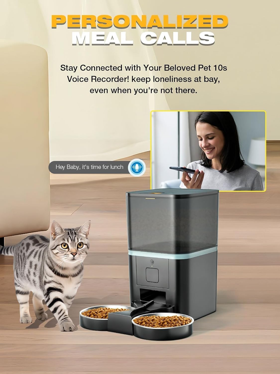 Purrfect Pet Automatic 2.4G WiFi App Control Cat Feeder, Dual Power Supply with 10s Voice Recording & Stainless Steel Bowl
