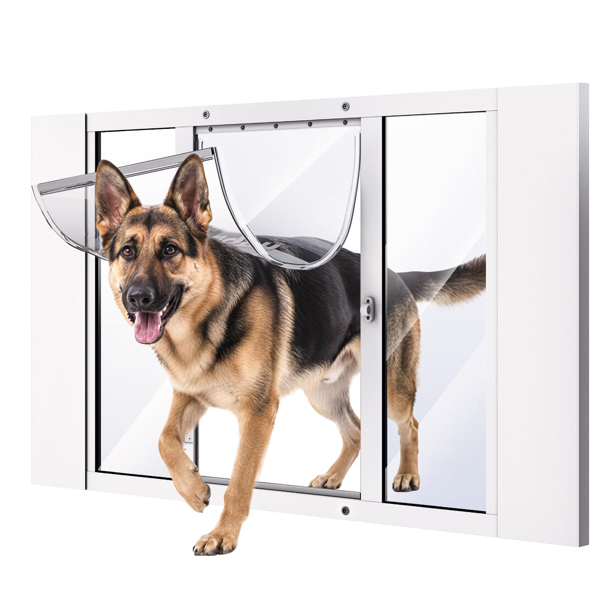 Dog Door for Window, Aluminum Frame Window Pet Door, Adjustable to Fit 27"-32" Width Sliding Windows, Magnetic Closure, Fits Dogs up to 100lb, Large