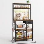 30" Kitchen Small Bakers Rack with Power Outlet & LED Light, 6-Tier Microwave Stand with Storage Drawer, Coffee Bar Shelf with 8 S-Shaped Hooks, Metal Kitchen Storage Shelf, Rustic Brown
