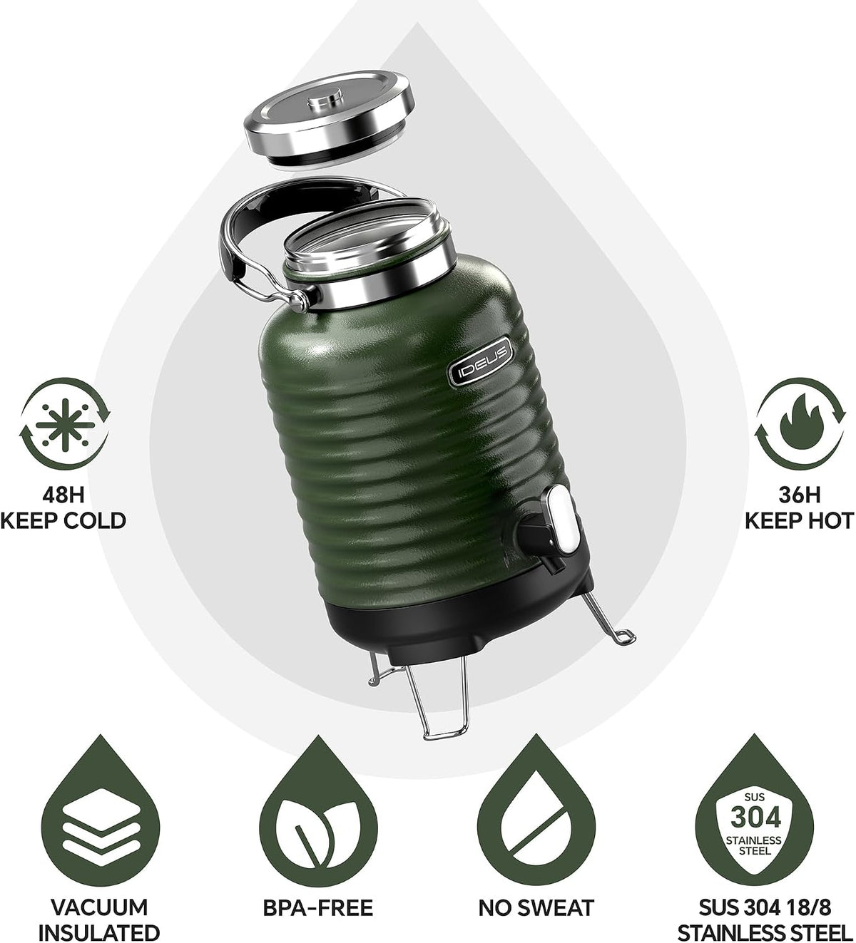 IDEUS Insulated Beverage Dispenser 1.4gal, Drink Container Deep Green