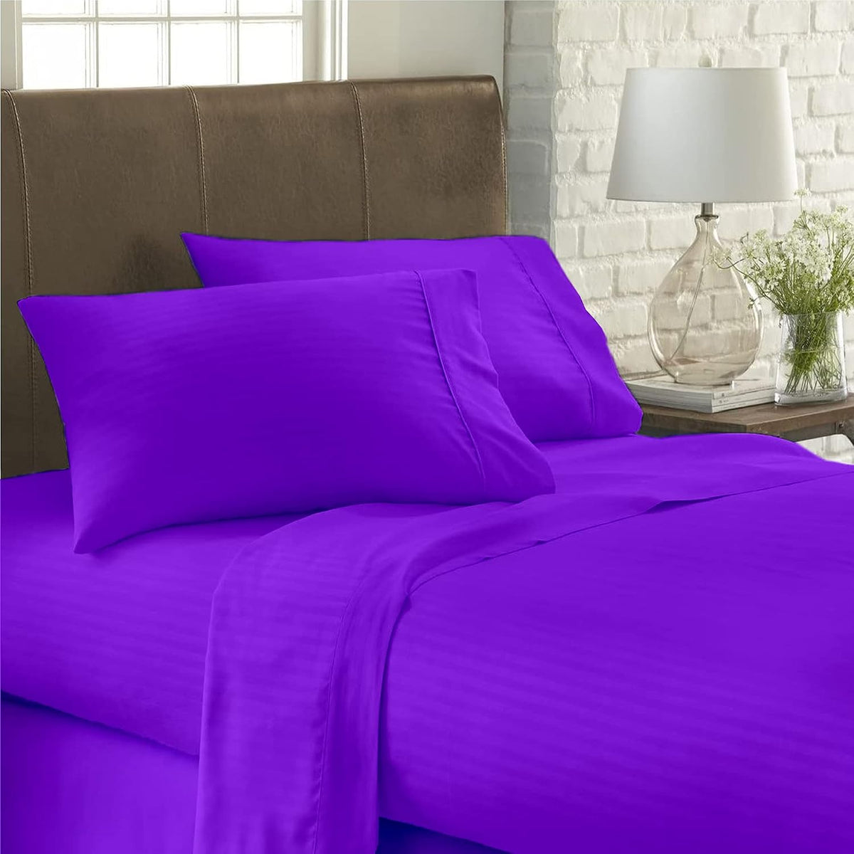 USA RV King Sheet Set in Purple Stripe 400 Thread-Count 100% Egyptian Long Staple Cotton, Sateen Weave for Soft and Silky Feel, Breathable 4-Piece Bedsheet, Elasticized 24'' Extra Deep Pocket