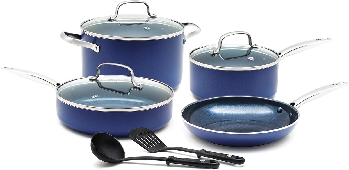 Blue Diamond 9 Piece Nonstick Cookware Set, Diamond Ceramic Pots & Pans, Dishwasher & Metal Utensil Safe, Non Toxic PFAS-Free, Kitchen Cooking Sauce & Saute Pans, Oven & Broiler to 600F, Blue