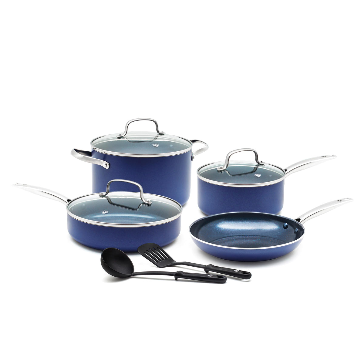 Blue Diamond 9 Piece Nonstick Cookware Set, Diamond Ceramic Pots & Pans, Dishwasher & Metal Utensil Safe, Non Toxic PFAS-Free, Kitchen Cooking Sauce & Saute Pans, Oven & Broiler to 600F, Blue