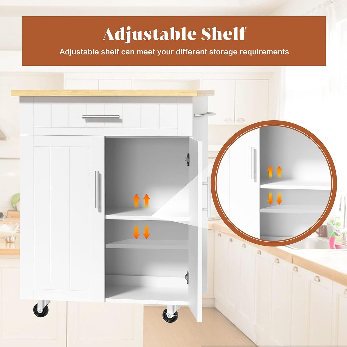JY QAQA 26" Rolling Kitchen Island Cart on Wheels, Mobile Storage Cabinet with Drawer & Inner Shelves, Towel Rack, Lockable Casters, Wood‑Top Portable Prep Cart for Kitchen Dining Apartment, White