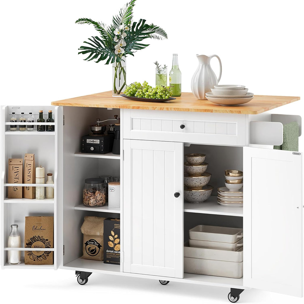 Ahomly Rolling Kitchen Island with Storage, Drop Leaf and Drawer, White