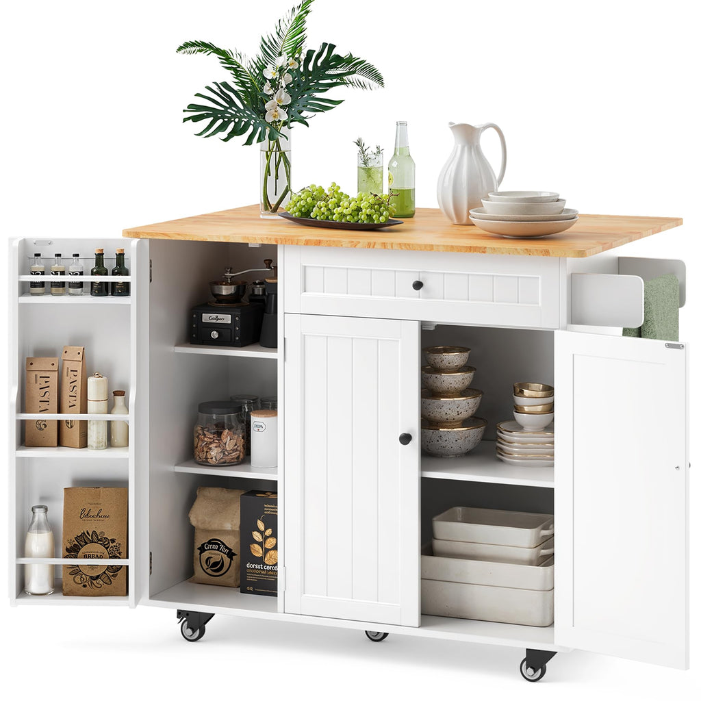 Ahomly Rolling Kitchen Island with Storage, Drop Leaf and Drawer, White