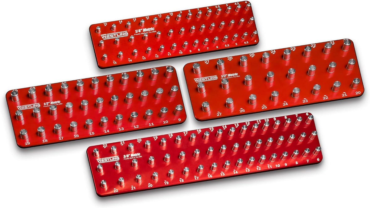 Westling USA Premium Aluminum Professional 4 Piece Metric Socket Tray/Organizer Set, Holds 150 Metric Sockets (Red)