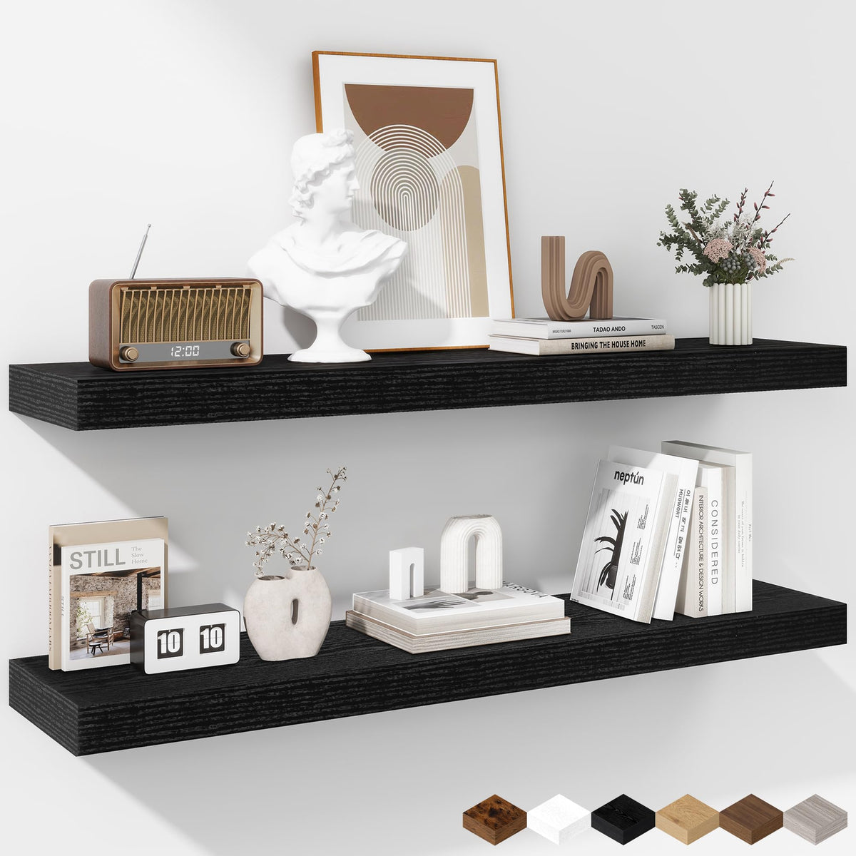 Fun Memories Floating Shelves - 2 Pack 12 Inch Rustic Wooden Wall Shelves - Extra Deeper & Thicker Wall Mounted Storage Shelf for Living Room, Kitchen, Farmhouse - 36" W x 12" D x 1.8" H - Brown