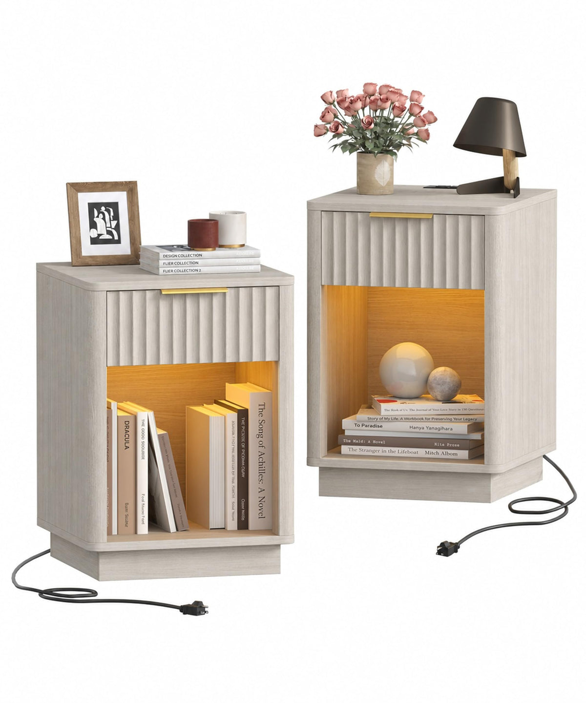 Akxomel Fluted Nightstand Set 2 Bedside Table with Charging Station Oak