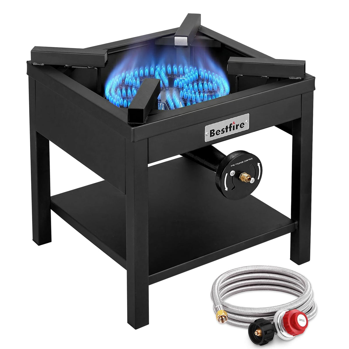 Bestfire 260,000 BTU Outdoor Propane Gas Stove, 0-20 PSI Adjustable Regulator, Steel-Braided Hose, High Pressure Single Burner Cooker for Turkey Fryer, Seafood Boil, Quemador de Gas Propano
