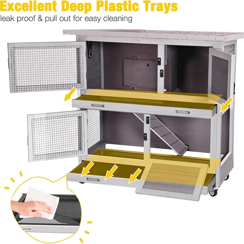 Aivituvin Rabbit Hutch Indoor Bunny Cage Outdoor 2 Story Pet House Guinea Pig Cage on Wheels 36" L