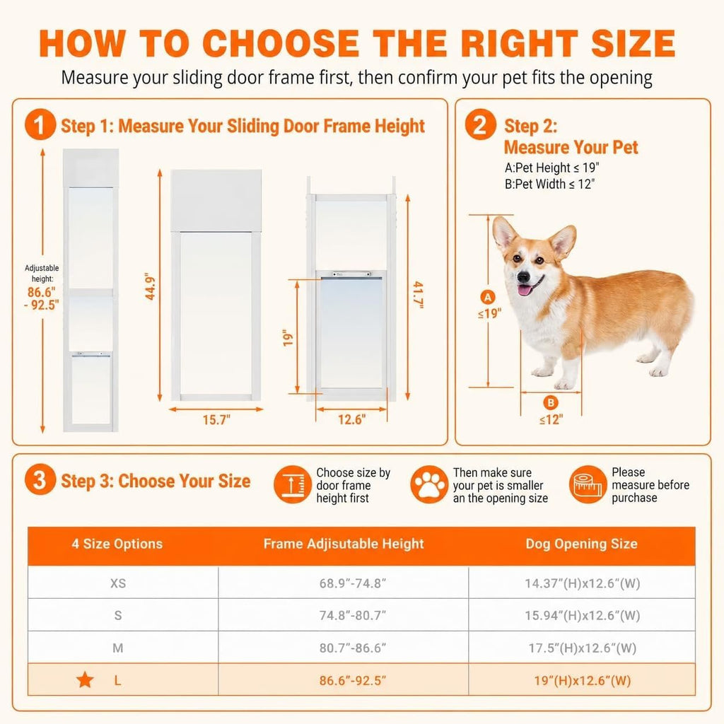 Dog Door for Sliding Glass Doors, 86.6"-92.5" Adjustable, Security Lock